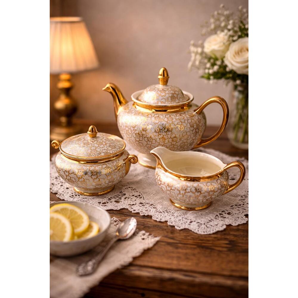 Vintage Geo Bowman Iridescent Porcelain Tea Set Gold Floral 3 Piece